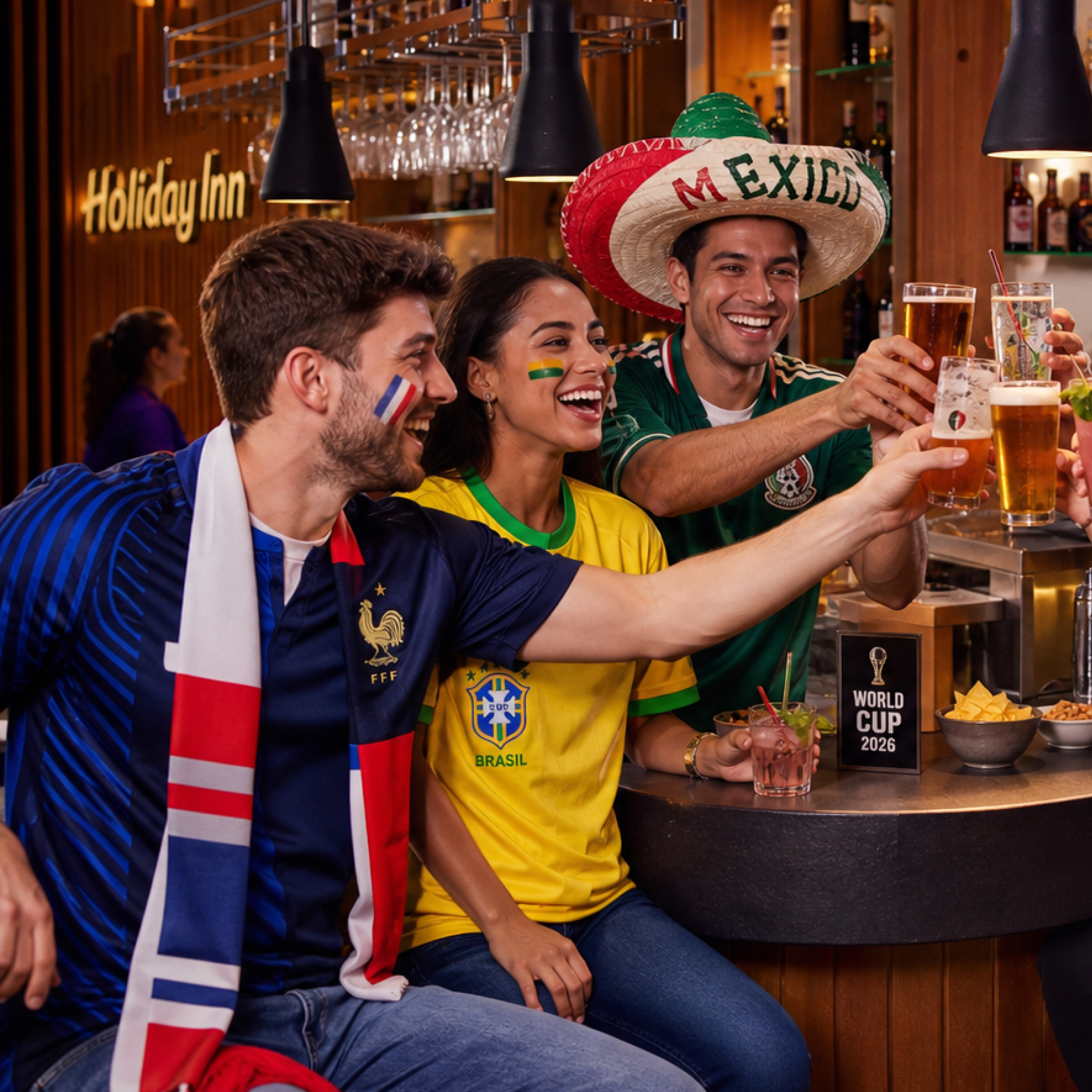 Friends at a bar toasting with drinks, wearing national-team jerseys and a large sombrero, celebrating a World Cup moment.