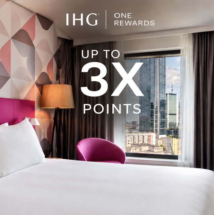 Hotel room scene with pink chair, white bed, geometric wallpaper, and city view; overlay text promotes IHG One Rewards up to 3x points.